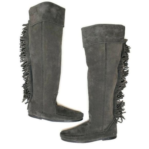 Minnitonka NWT over the knee fringe leather boots charcoal gray sz 5 small feet - Picture 7 of 13